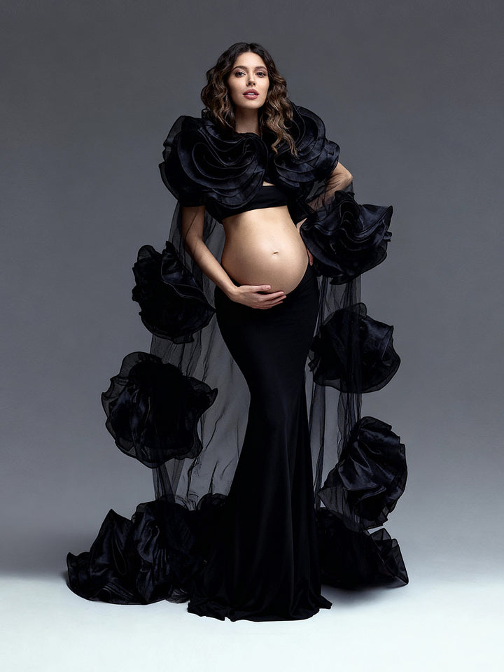 Dramatic Black Maternity Dress Photoshoot Big Flower Cape 3 Piece Set Baby Shower Dress