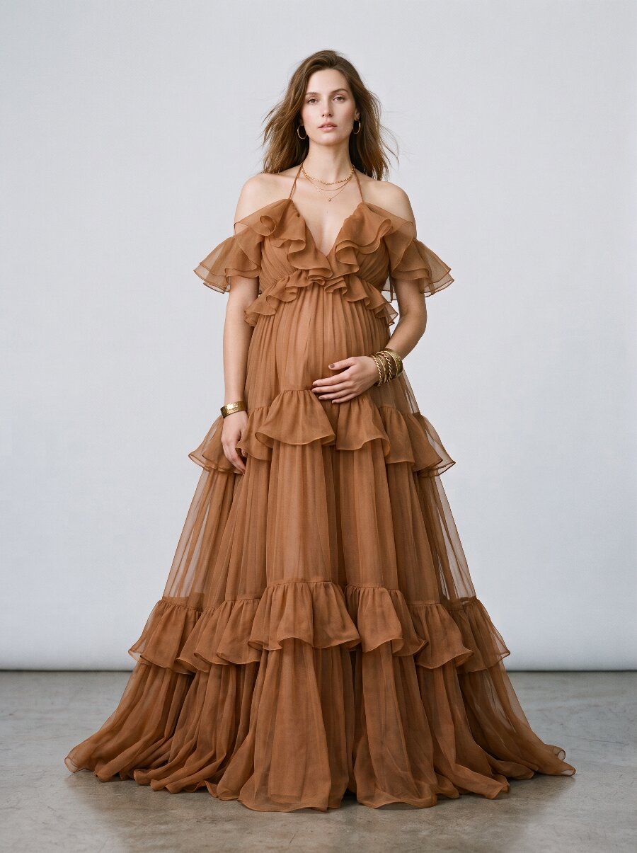 Soft Organza Tiered Ruffle Halter Maternity Photoshoot Gown ZO260917