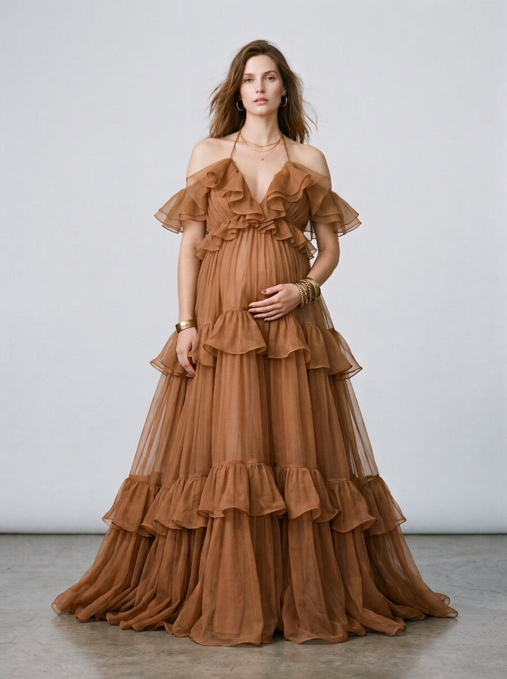 Soft Organza Tiered Ruffle Halter Maternity Photoshoot Gown ZO260917