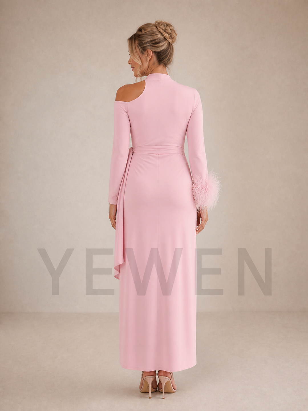 Elegant Pink Maternity Midi Dress Cold Shoulder Gown with Feather Cuffs ZX003