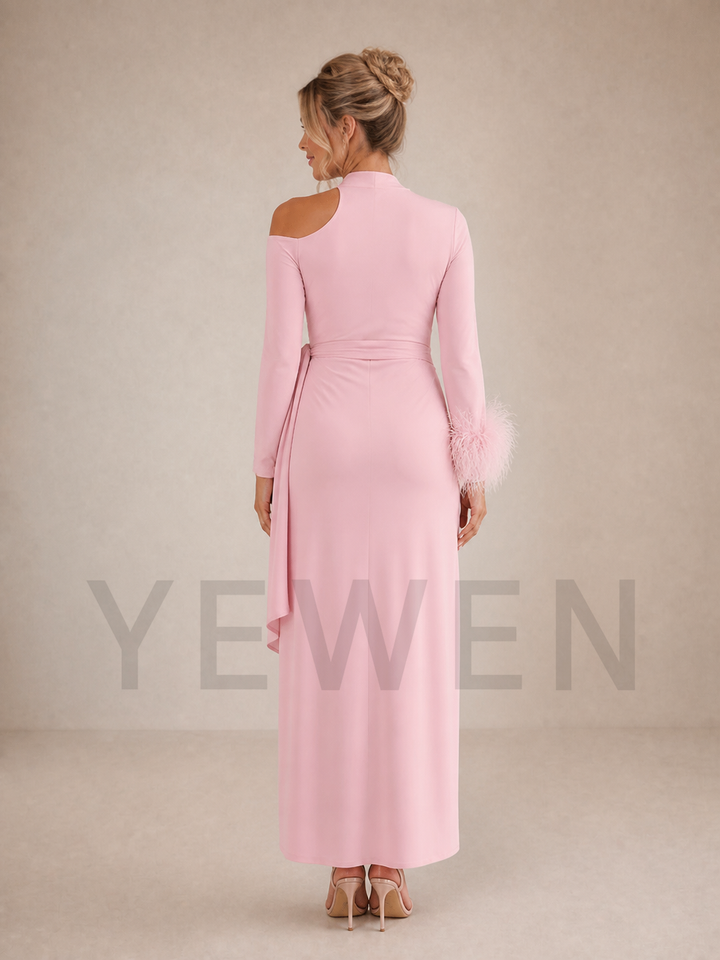 Elegant Pink Maternity Midi Dress Cold Shoulder Gown with Feather Cuffs ZX003