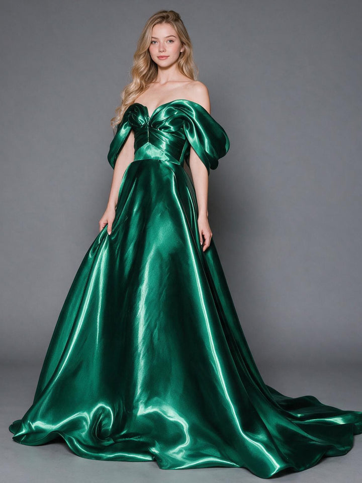 Green Off-Shoulder Puff Sleeves Satin Christmas Dress YW2610085