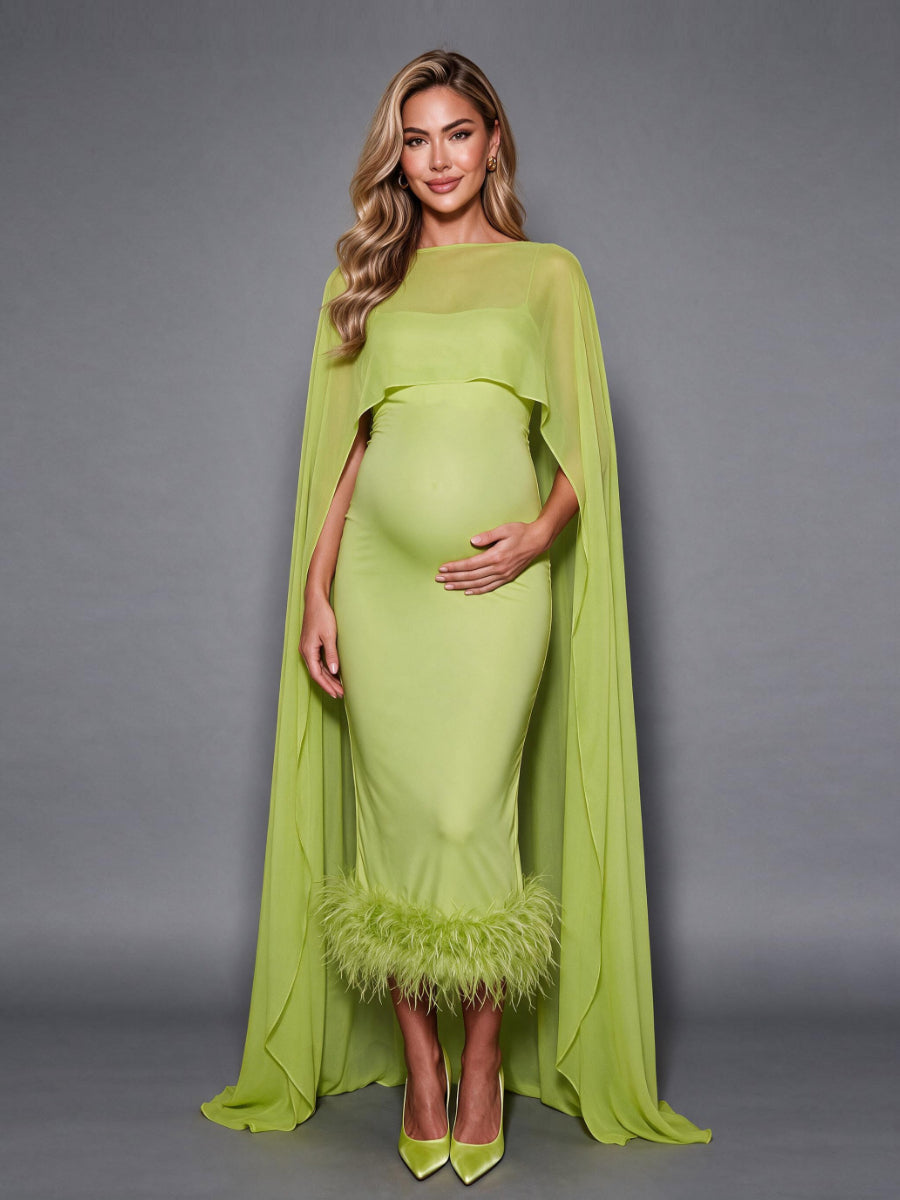 Green Ostrich Feather Hem Maternity Baby Shower Dress With Flowing Cape YD260835