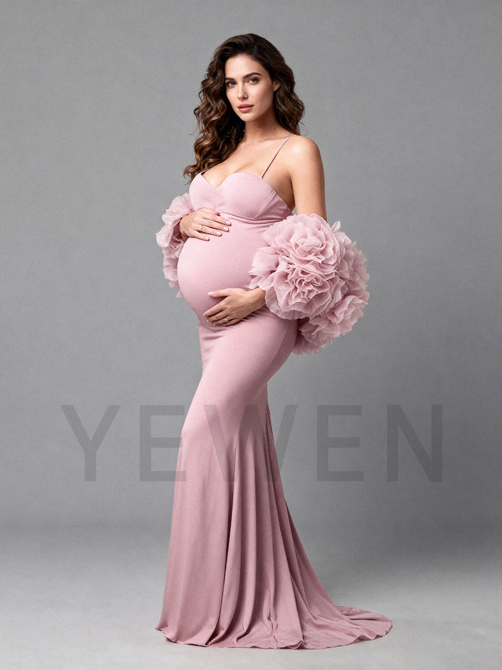 Pink Rose Cape Maternity Dress Photoshoot 2 Piece Set Gown