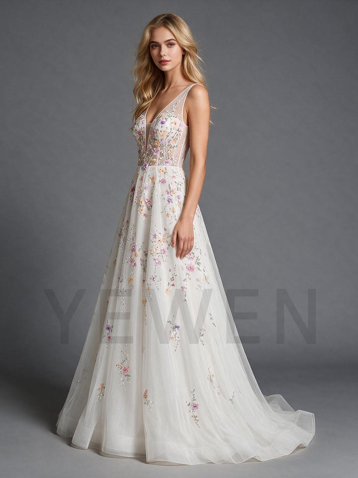 Ivory A-Line Deep V-Neck Floral Tulle Wedding Dress