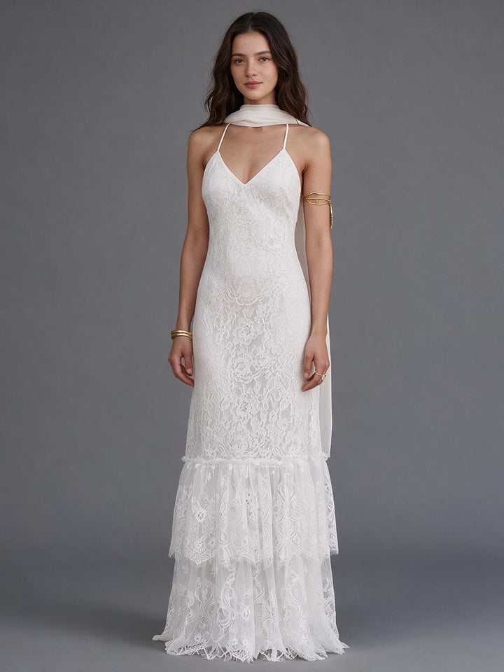 Ivory Spaghetti Strap V-Neck Scarf Lace Boho Wedding Dress