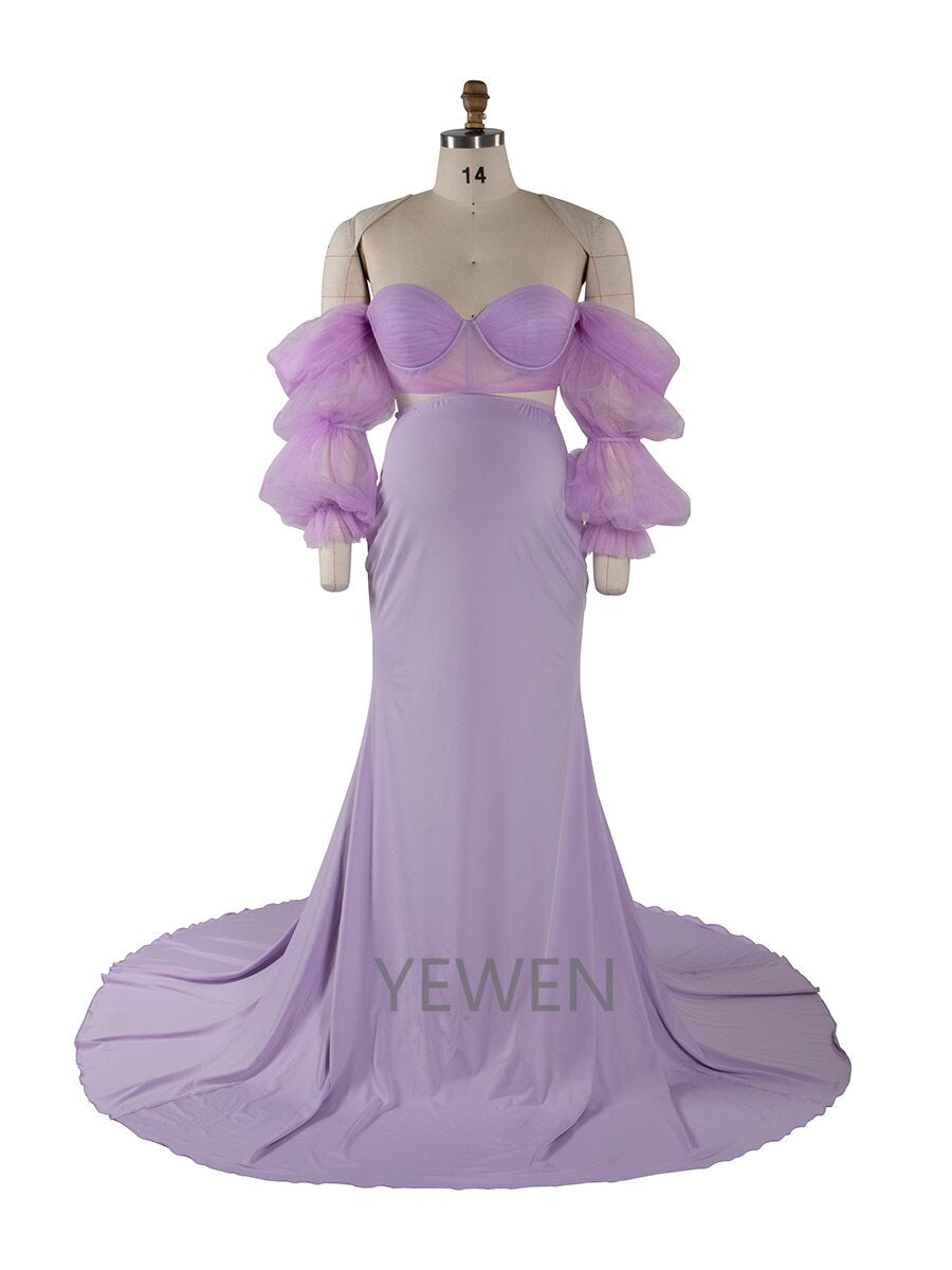 2 Piece Set Sheer Sleeves Stretchy Fabric Maternity Dresses for Photoshoot Baby Shower Dresses YW243148