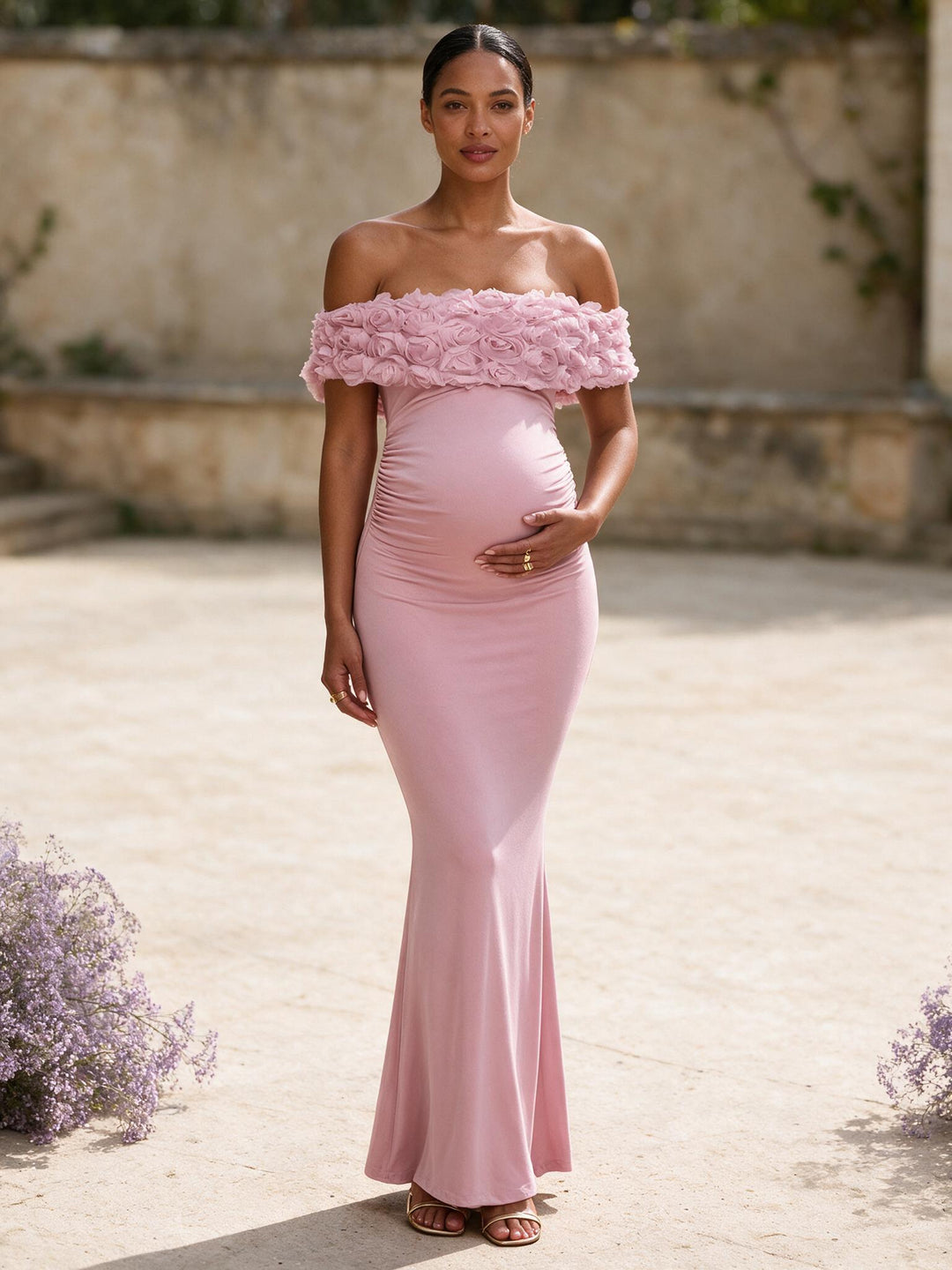 Pink 3D Rose Off-The-Shoulder Maternity Maxi Dress for Baby Shower