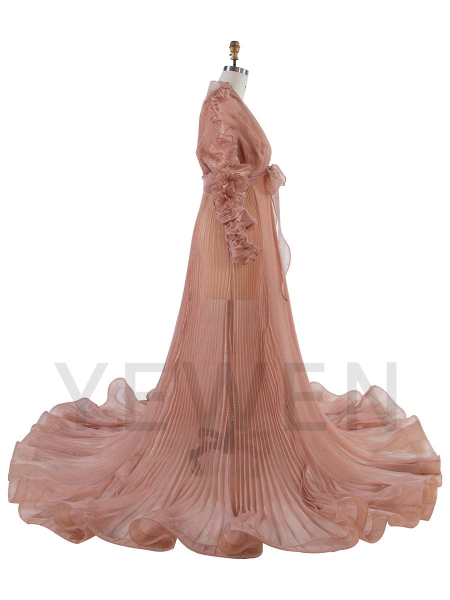 V Neck Pleated Organza Maternity Dresses for Photoshoot Big Skirt Sheer Dress for Maternity Baby Shower YW250013