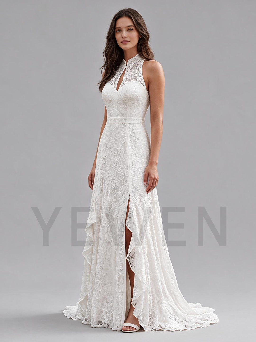 Ivory Halter Neck Keyhole Cutout Lace Boho Wedding Dress