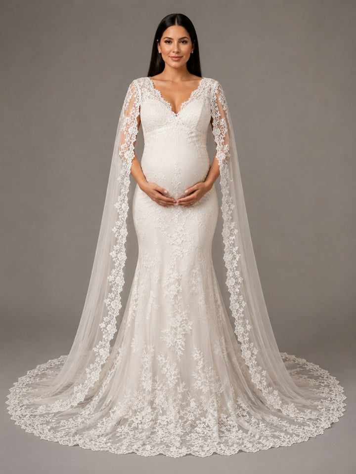 Ivory Lace Mermaid Maternity Wedding Dress with Floor-Length Cape L-26933