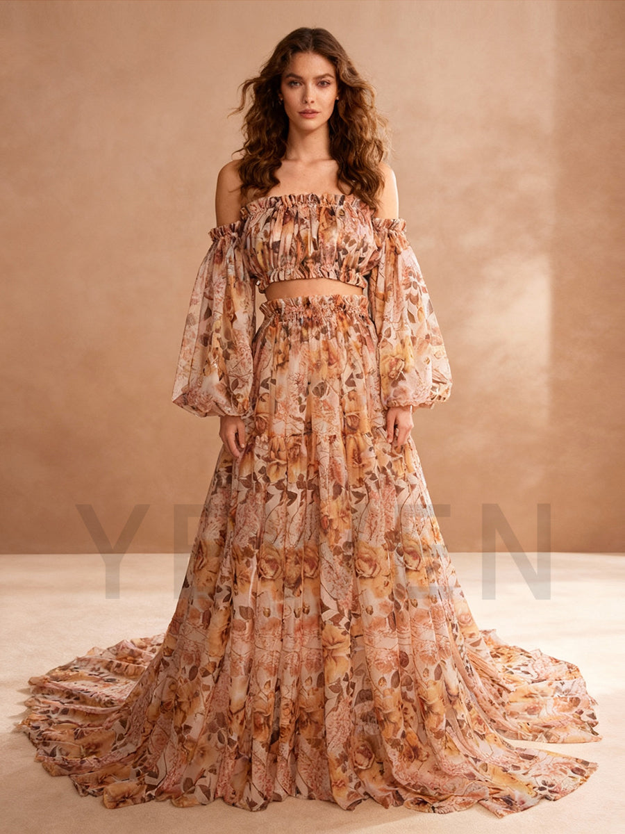 Boho Two-Pieces Maxi Dress Pregnancy Photo Shoot Dress Floral Vintage Dress for The Maternity Session YW230317-2