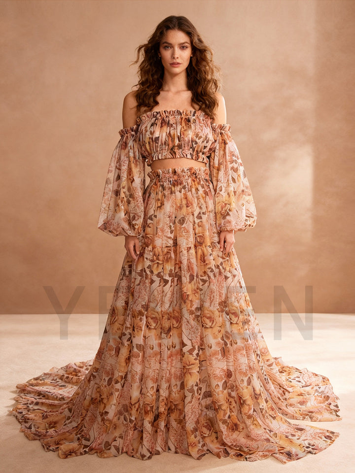 Boho Two-Pieces Maxi Dress Pregnancy Photo Shoot Dress Floral Vintage Dress for The Maternity Session YW230317-2