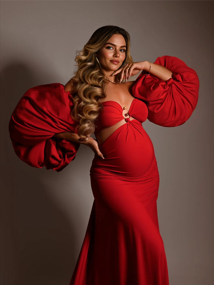 Stretch Mermaid Maternity Photoshoot Dress Puffy Sleeve Baby Shower Gown YW251024