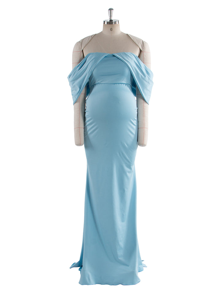 blue mermaid maternity dress Women Maternity Dress for Photography Mermaid Off Shoulder Elegant Fitted Chiffon Gown Baby Shower Pregnancy Maxi Dresses for Photoshoot Ruched V Neck Long Slim Fit Flowy Photo Props Dress Light Blue at