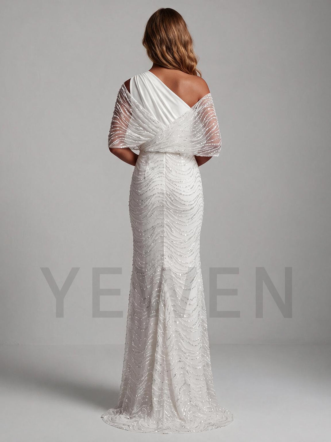 Ivory One-Shoulder Sparkly Wedding Dress with Mermaid Beaded Skirt