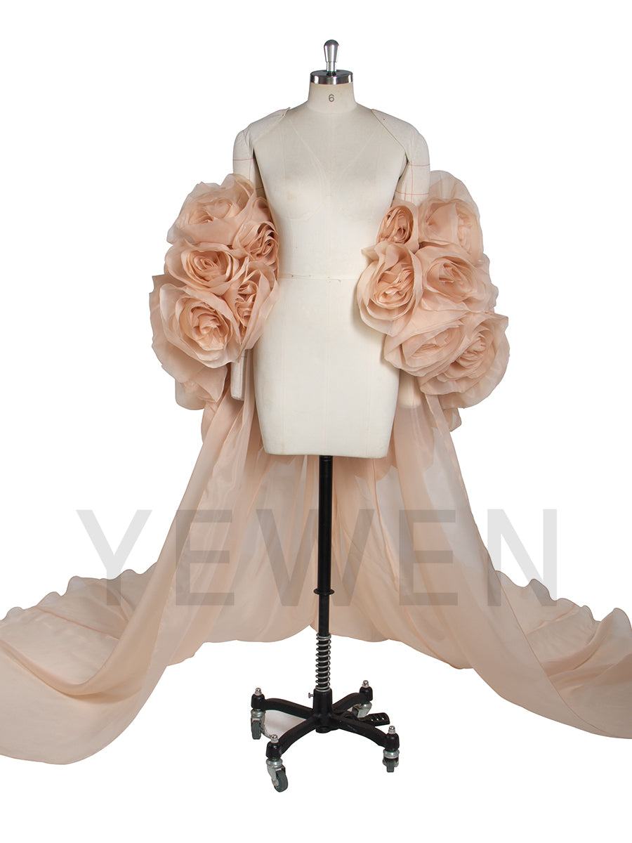 Gorgeous Handmade 3D Flower Short Cape with Detachable Train Elegant Wedding Cover Up Bridal Shawl YW250028