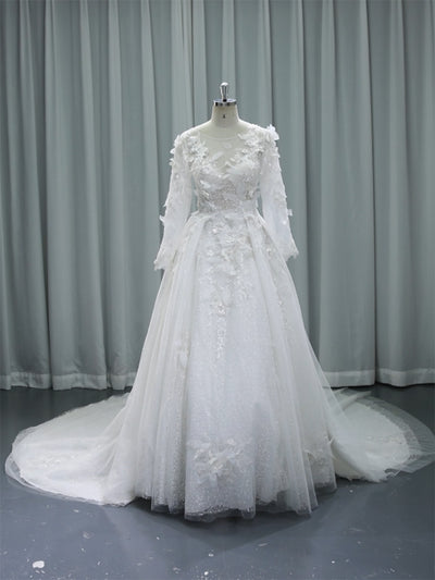 Exquisite Illusion, Long Sleeve,  Wedding Dresses With Luxury Appliques, Bridal Gown