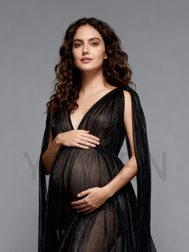 See Thru Black Long Cape Sleeves Mesh Maternity Dress for Photo Shoot