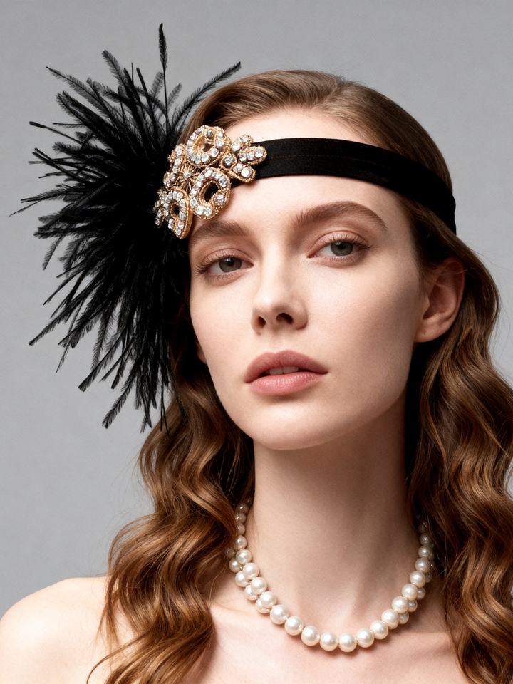 Hair Accessories Head Wrap Gatsby Style Black Feather Headpiece with Crystal Headpiece for Photography YW2603062D