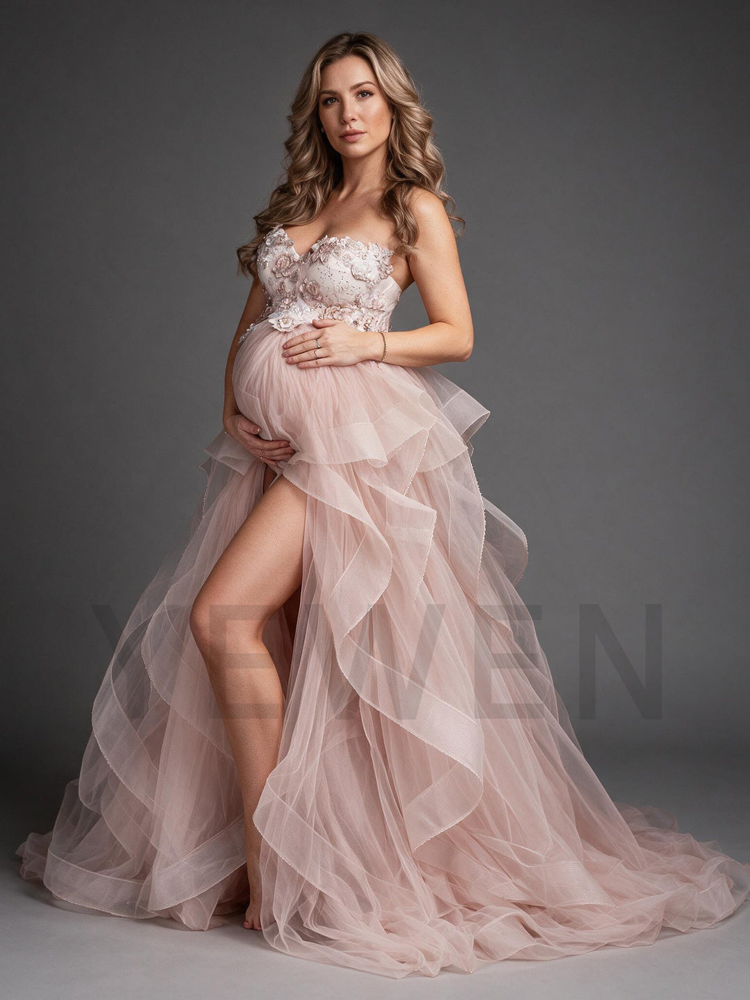 Strapless Floral Tulle High Slit Maternity Photoshoot Gown YW2693012
