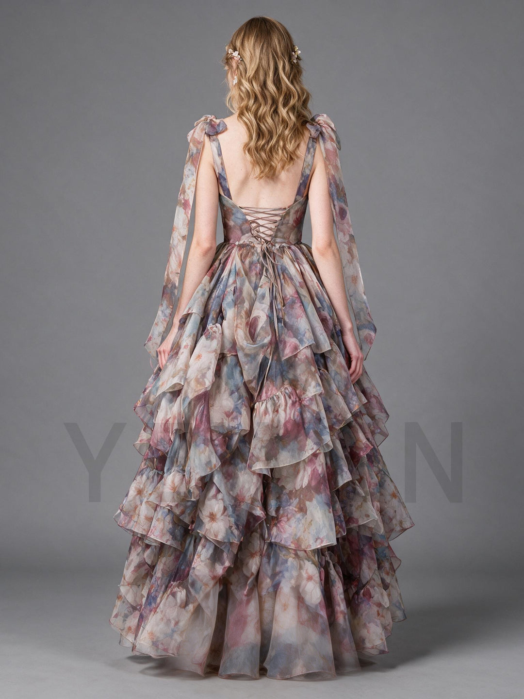 Watercolor Floral Tiered Ruffle Shoulder Tie Princess Dress  YW2610158