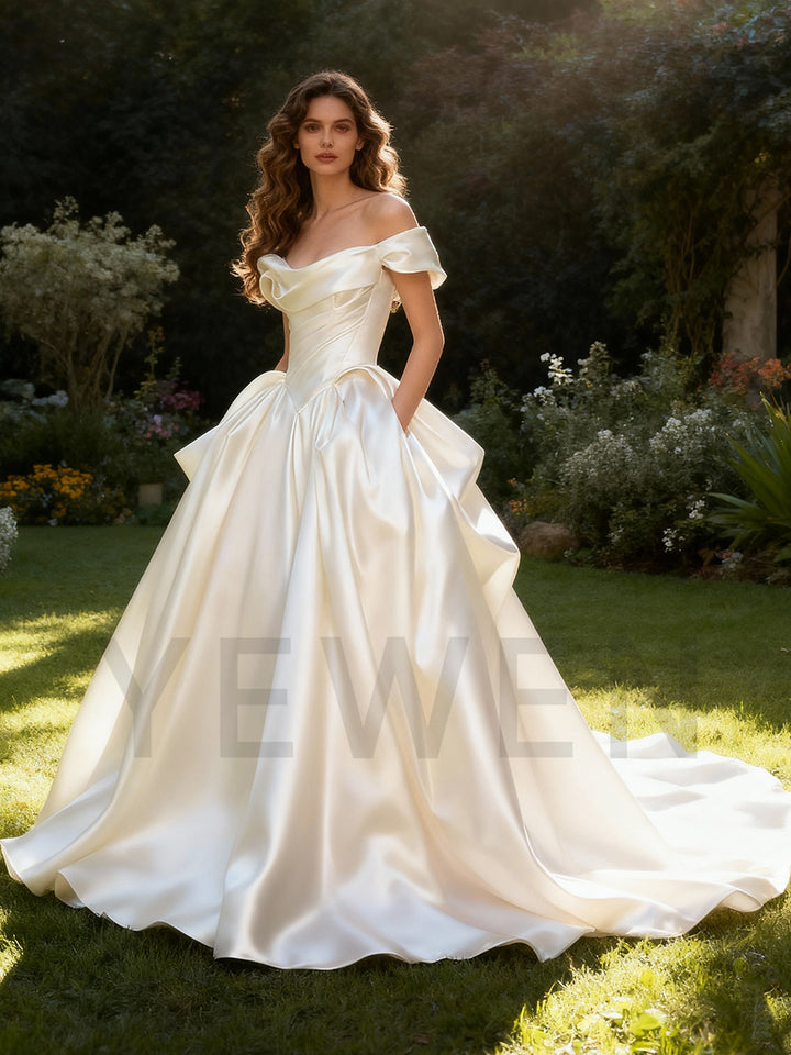 A Line Satin Wedding Dress Off The Shoulder Bridal Dress