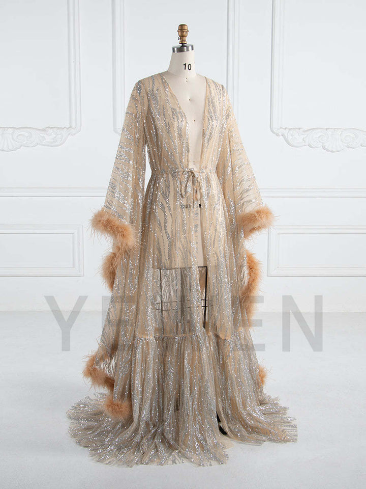 Maternity Robe for Photoshoot with Feathers Trim Glitter Sequin Pregnancy Dress for Baby Shower Fancy Photoshoot Props YW250044