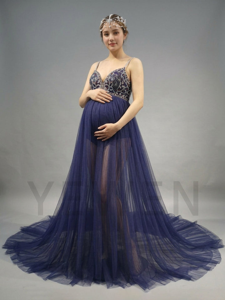Spaghetti Strap Beaded Sequin Tulle Maternity Photoshoot Gown YD260918