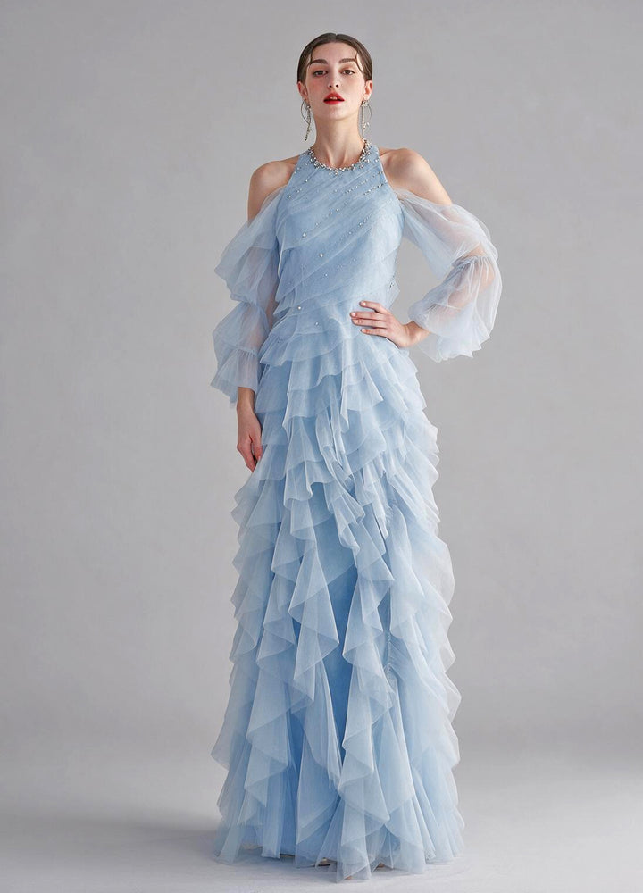 Halter Beaded Neckline Tiered Ruffle Tulle Evening Gown YX005