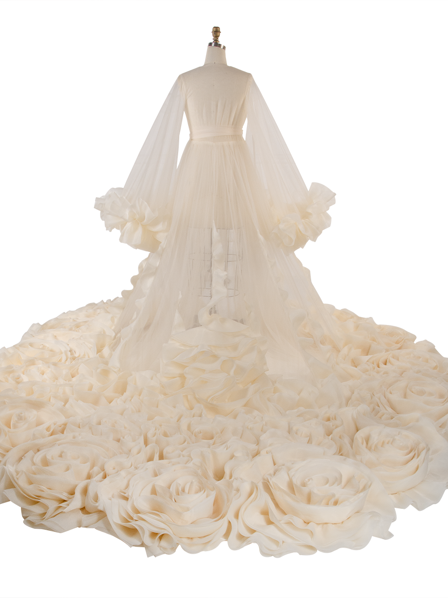 Organza Ruffles Wedding Dresses Long Train Photo Shoot Props Bridal Shower Robe YW250027-1