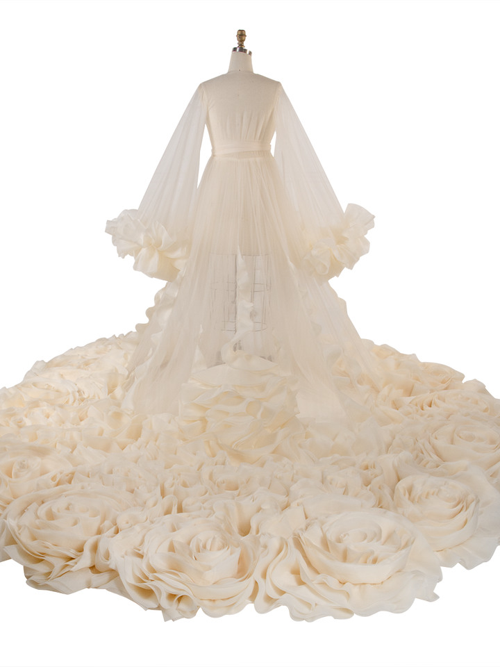 Organza Ruffles Wedding Dresses Long Train Photo Shoot Props Bridal Shower Robe YW250027-1