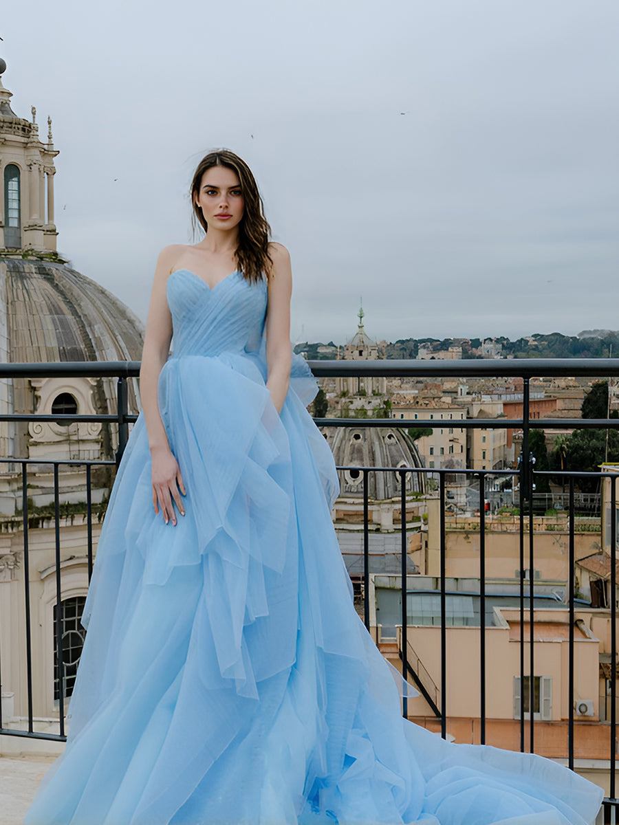 Strapless A-Line Dress Sky Blue Layered Tulle Gown Photography Dress Strapless A-Line Dress Sky Blue Layered Tulle Gown Photography Dress