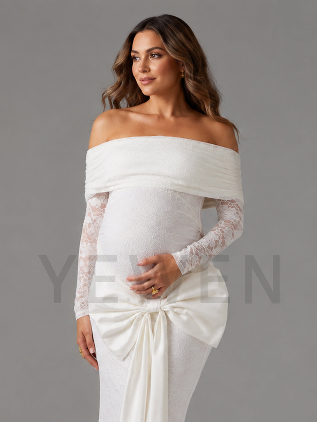 White Lace Fitted Maternity Gown with Satin Bow Pregnancy Baby Shower Gown
