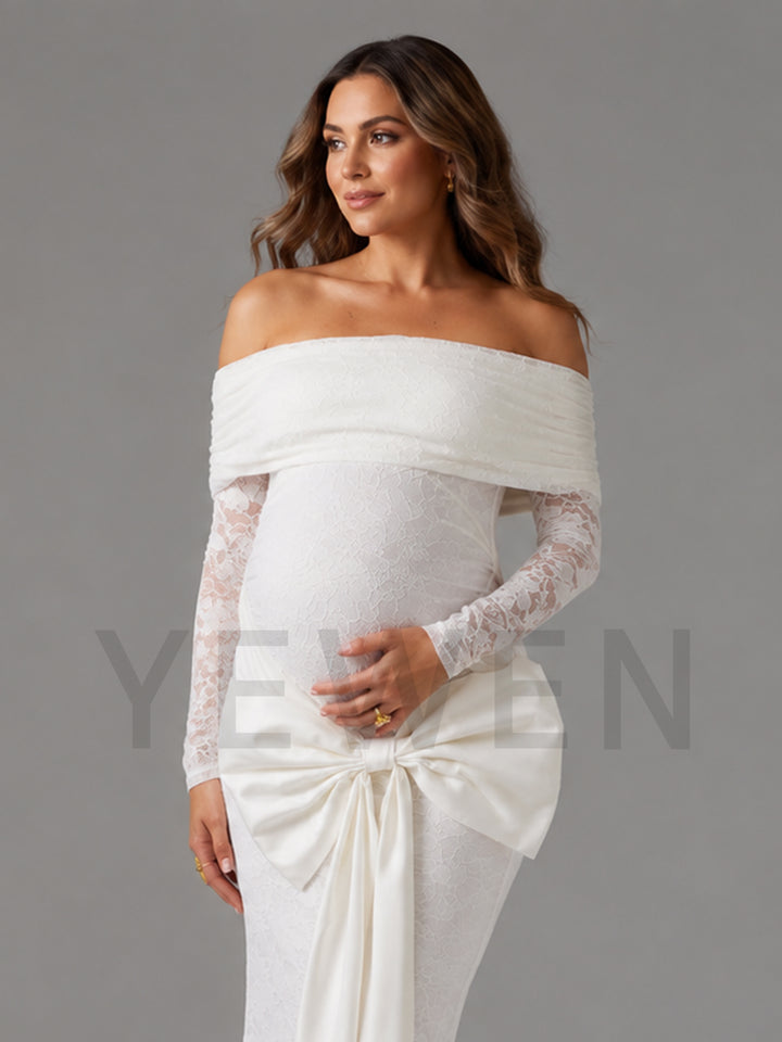 White Lace Fitted Maternity Gown with Satin Bow Pregnancy Baby Shower Gown