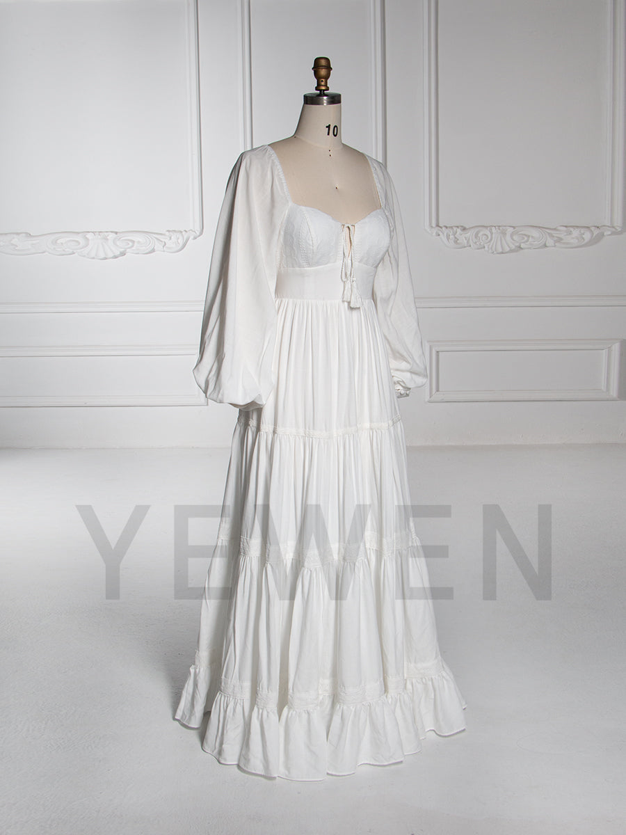 White Boho Maxi Dress Puffed Long Sleeves Beach Photo Shoot Dress YW251006