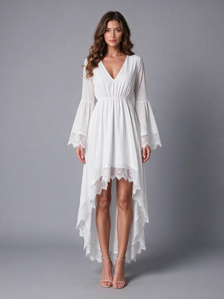 Ivory Deep V-Neck Sheer Bell Sleeve High-Low Boho Wedding Dress