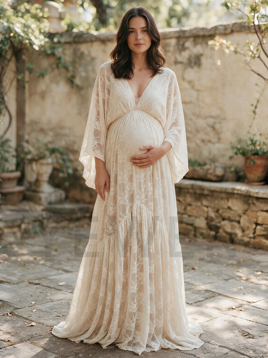 Ivory Deep V-Neck Lace Maternity Baby Shower Dress with Bell Sleeves