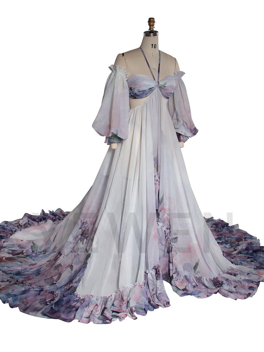 Bohemian Printed Chiffon Maternity Dress for Photoshoot Pregnancy Dress Photoshoot YW240526