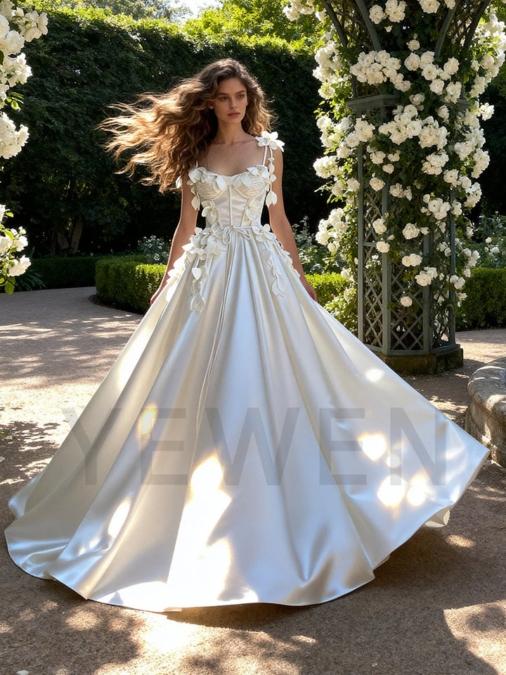 Romantic Petal Appliqués Straps Wedding Dress Satin Bridal Dress