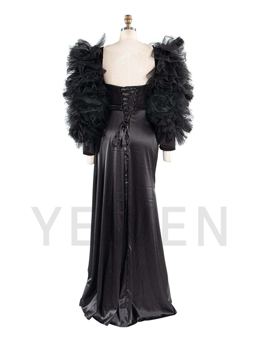 Black Stretchy Satin Mermaid Style Special Event Dress Party Dress Detachable Sleeves YW250042