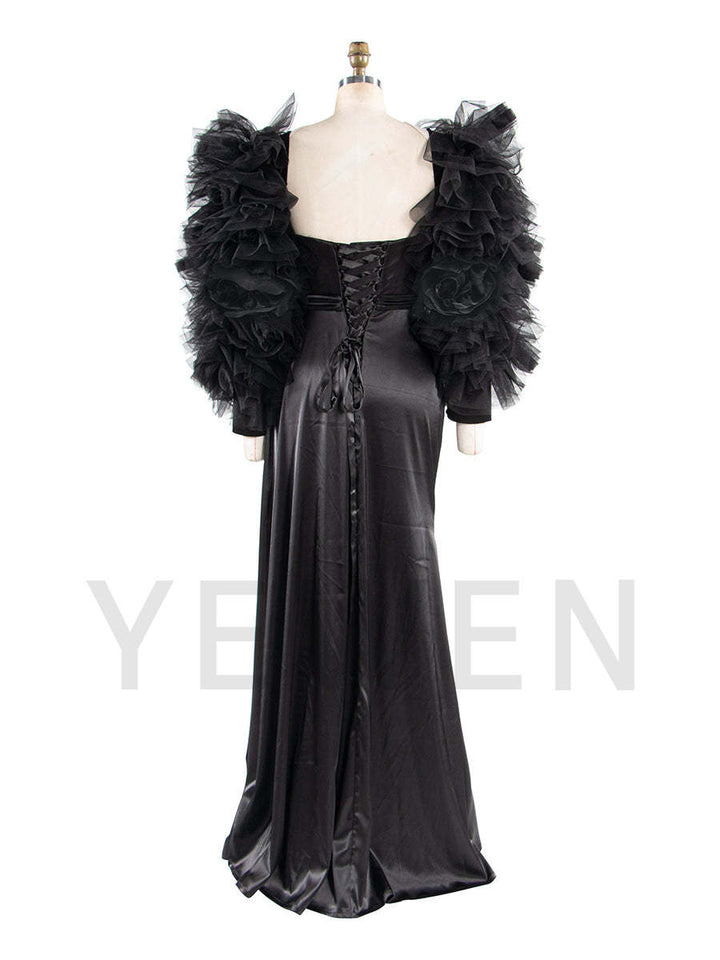 Black Stretchy Satin Mermaid Style Special Event Dress Party Dress Detachable Sleeves YW250042