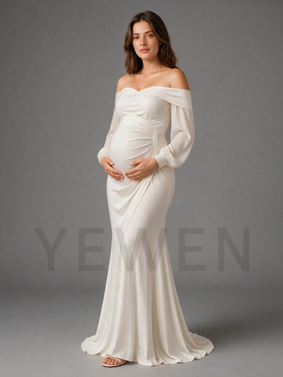 Ivory Off-Shoulder Puff Sleeves Maternity Dress For Baby Shower