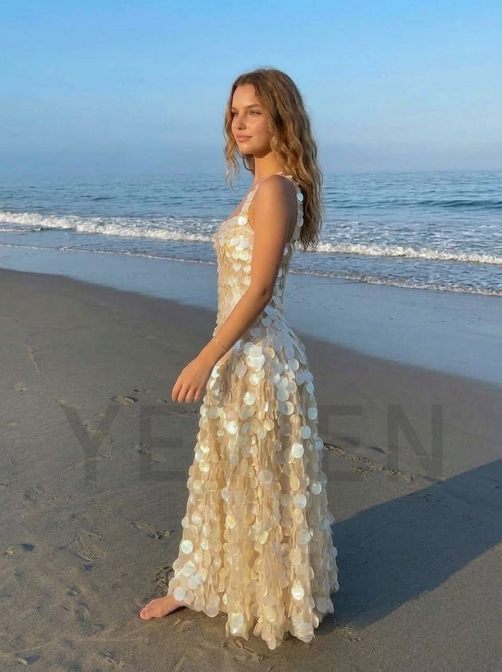 Champagne Square Neck Paillette Sequin Maxi Evening Dress YD261004
