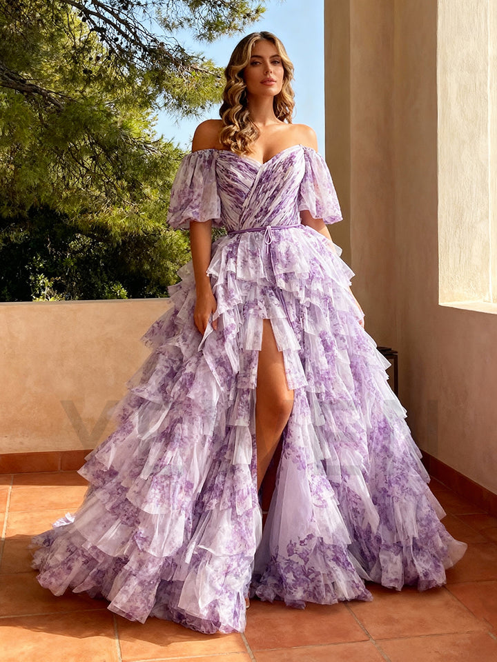 Fancy Evening Dress A Line High Slit Tiered Ruffles Floral Printed Prom Dress
