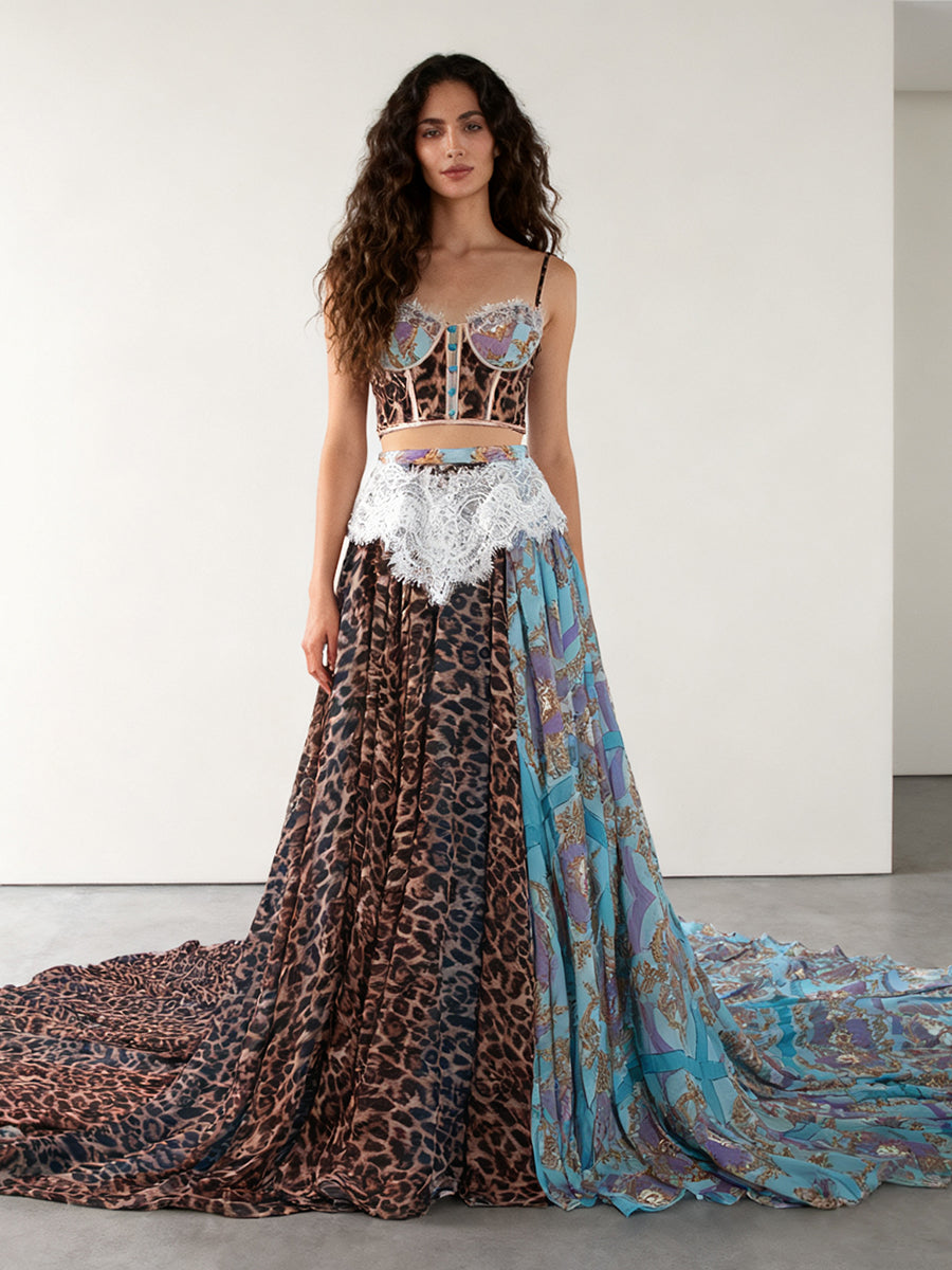 Exotic Leopard & Baroque Print Two-Piece Gown with Lace Detail and Flowing Train Photoshoot Outfit YW250066-1
