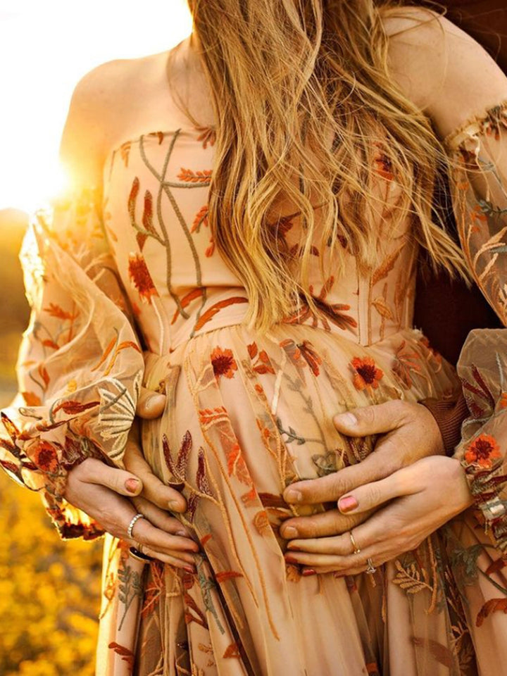 Off Shoulder Long Sleeve Embroidery Lace Colored Wedding Dress Photo Shoot Dress YW230320