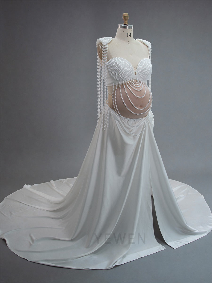 2 Piece Set Pearls Maternity Dress Photoshoot Custom Made Baby Shower Dress for Pregnant Women YW250085