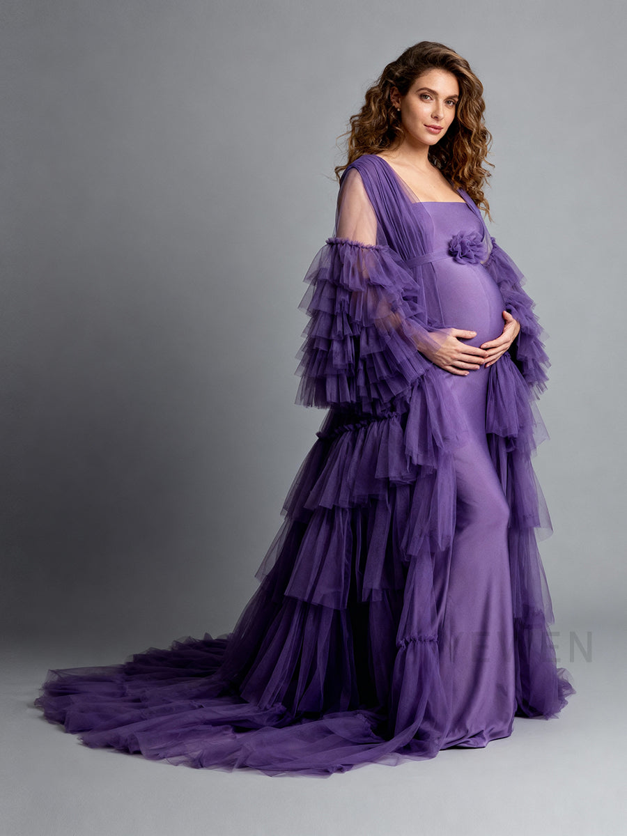 2 Piece Set Purple Maternity Photoshoot Dress Robe for Pregnancy Photography