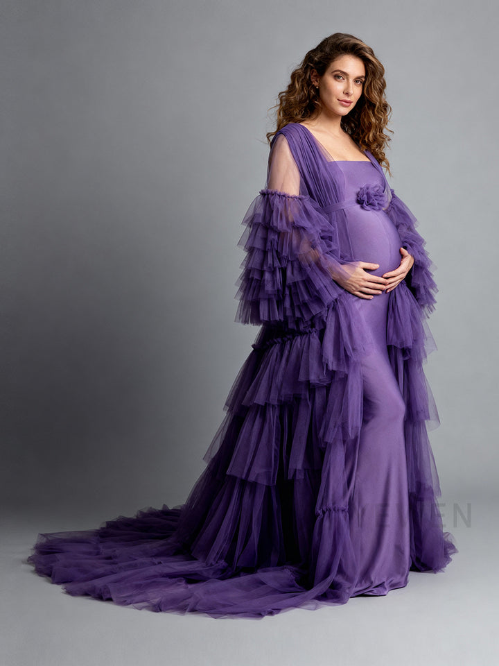 2 Piece Set Purple Maternity Photoshoot Dress Robe for Pregnancy Photography